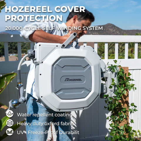 HOZEREEL 180-degree pivot bracket extends reach for wide garden areas.