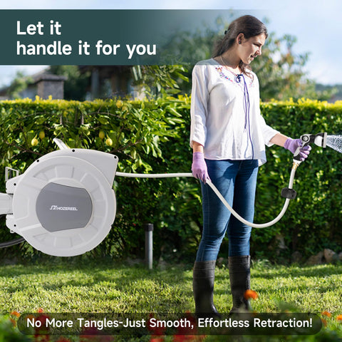 HOZEREEL 180-degree pivot bracket enables watering around corners with minimal movement.