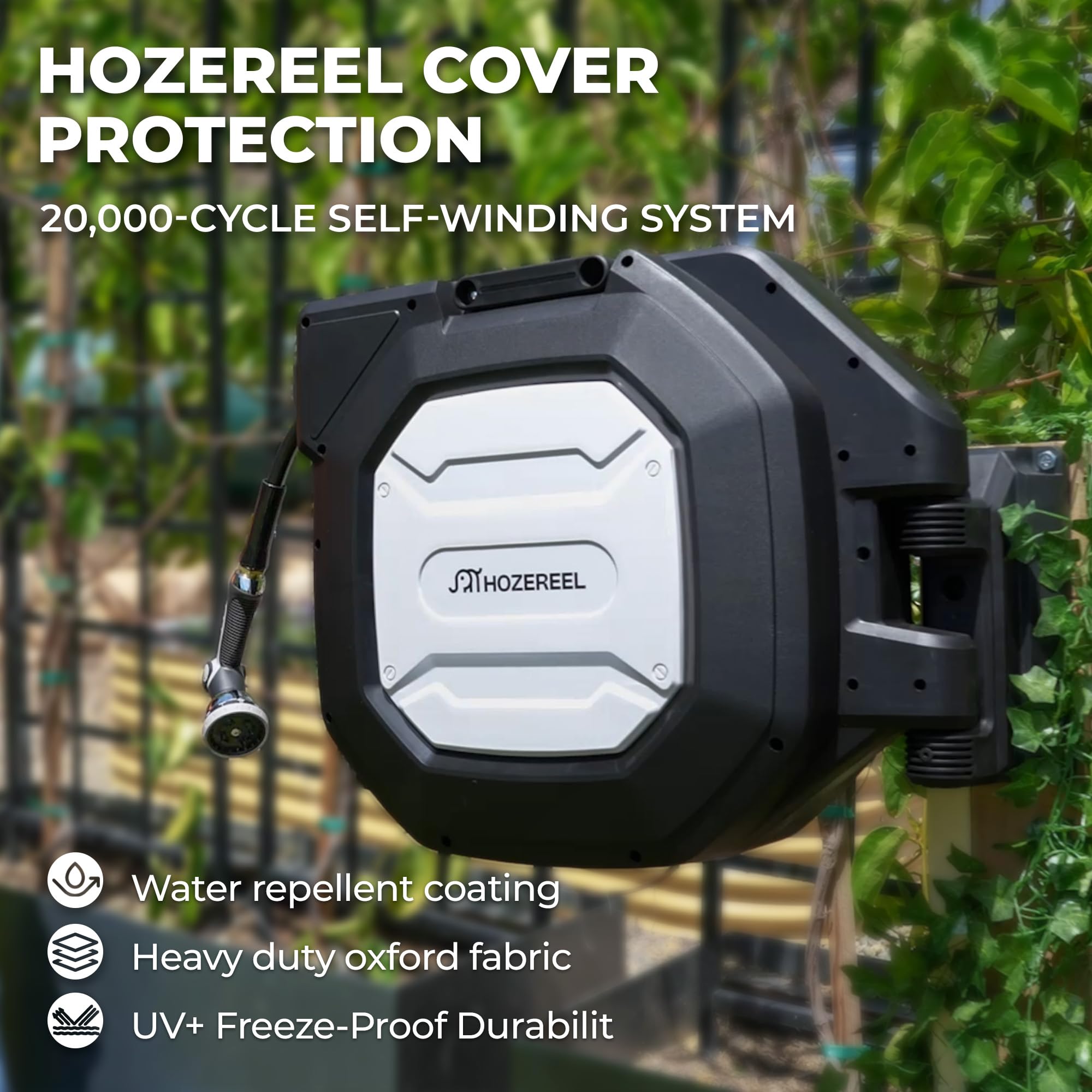 HOZEREEL heavy-duty hybrid hose with brass fittings for durability.
