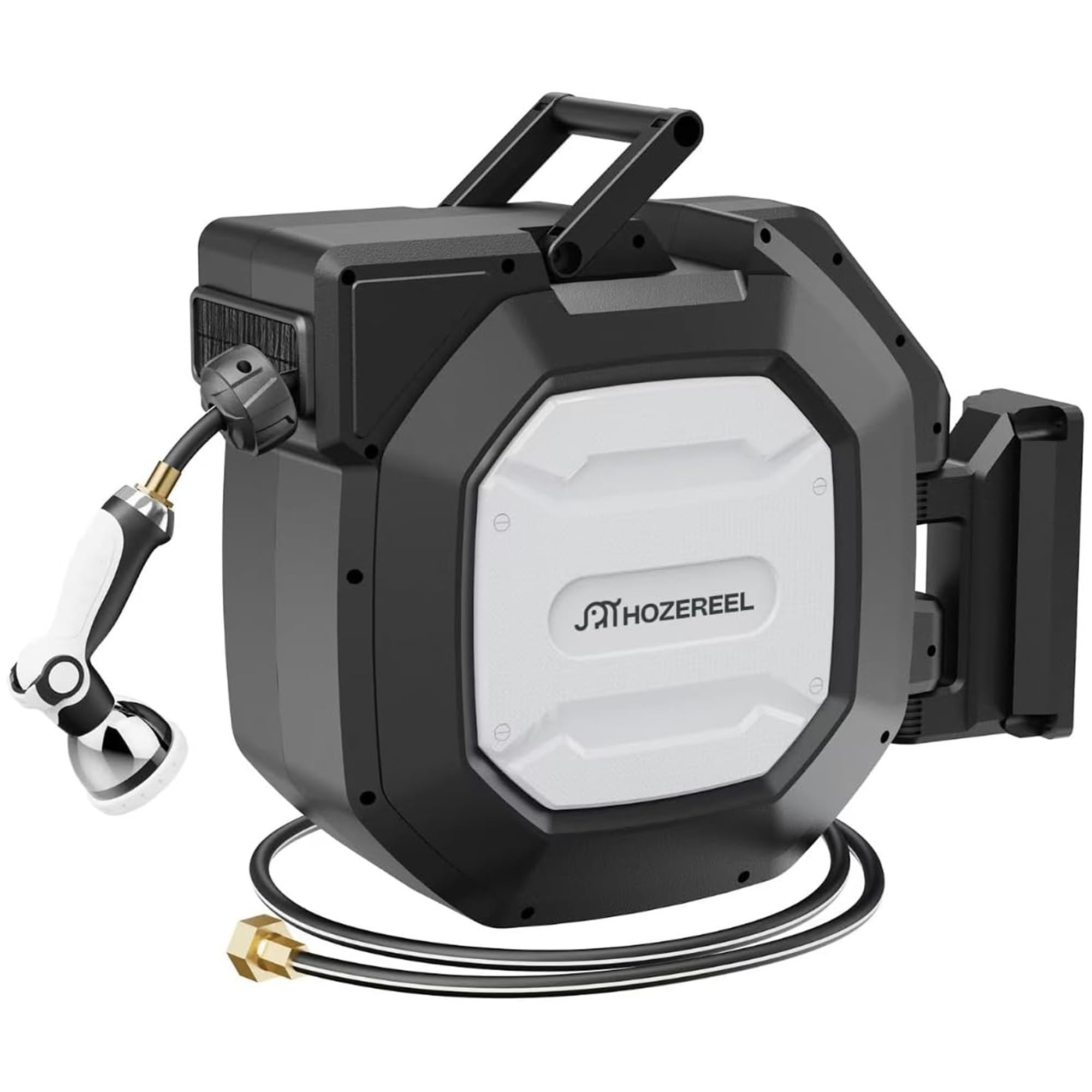 HOZEREEL retractable hose reel mounted on a wall for easier garden watering.