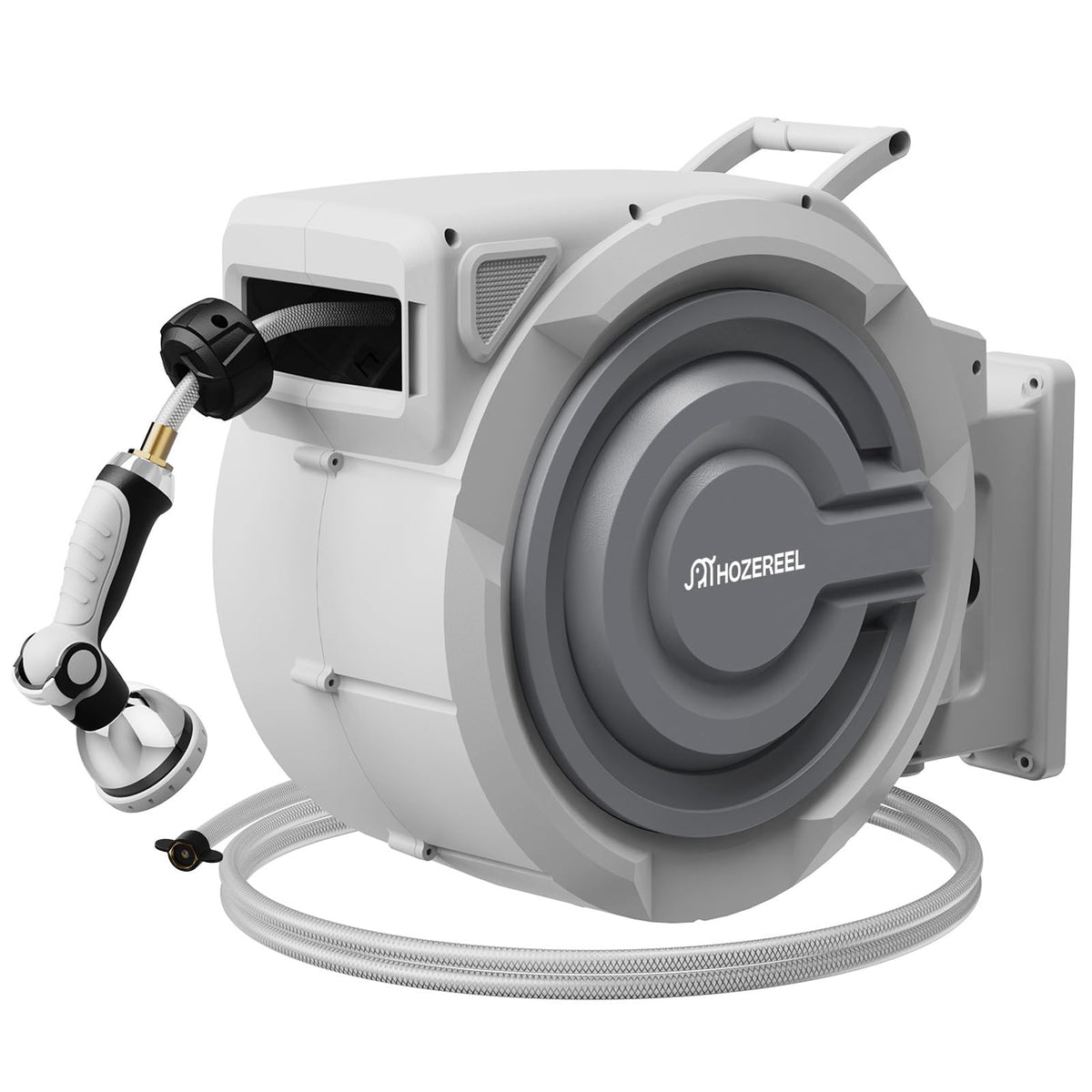 HOZEREEL retractable hose reel on wall mount for easy garden watering and tidy storage.