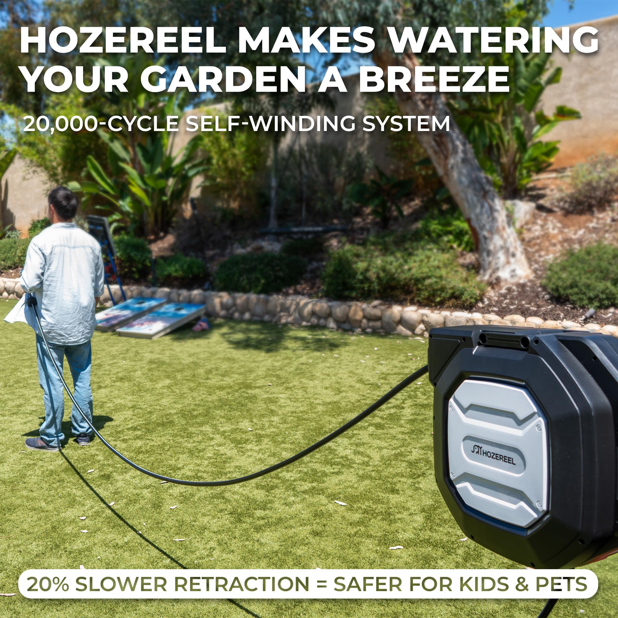 HOZEREEL self-rewind action demonstrates effortless hose retraction.