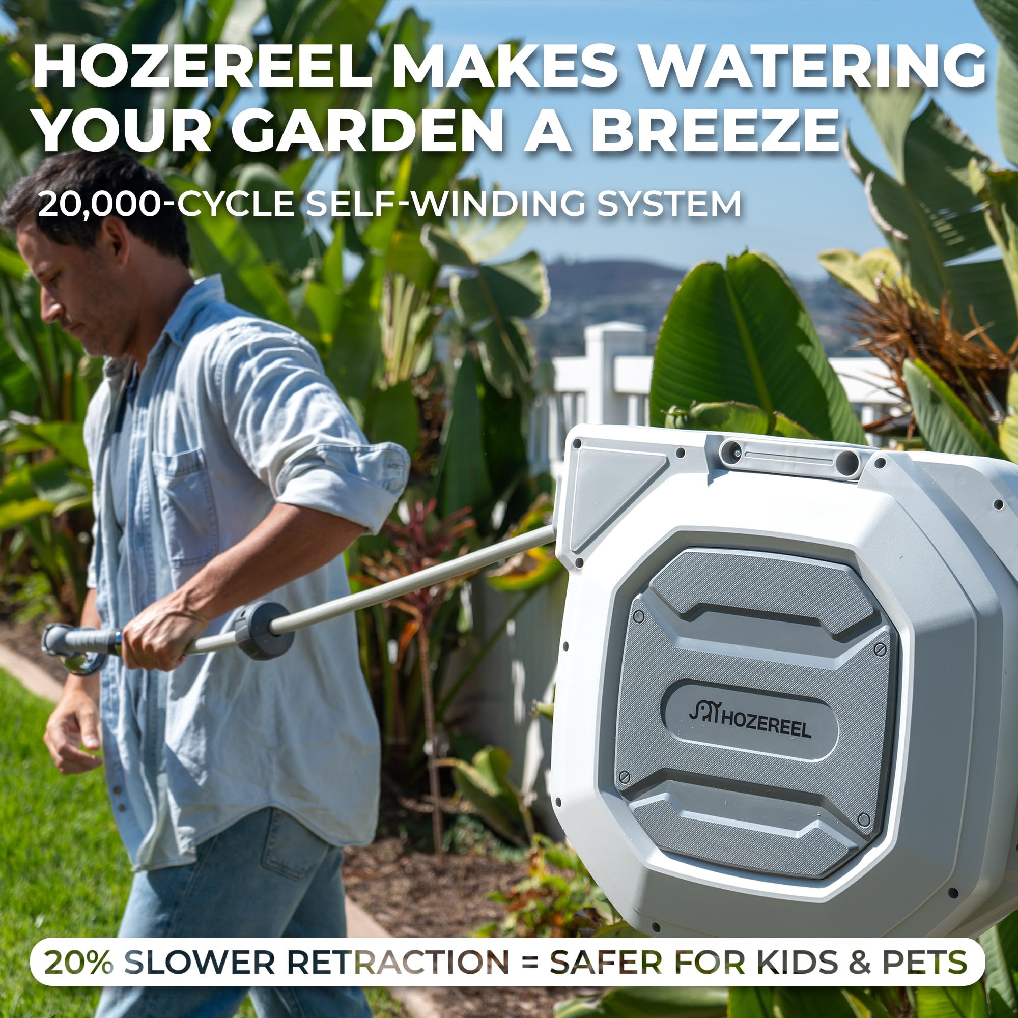 HOZEREEL self-rewind system saves time and effort when watering.