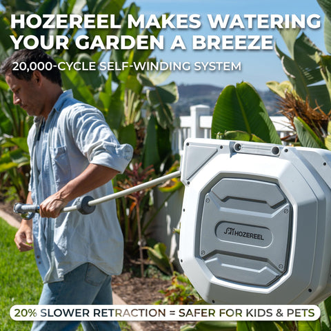 HOZEREEL self-rewind system saves time and effort when watering.