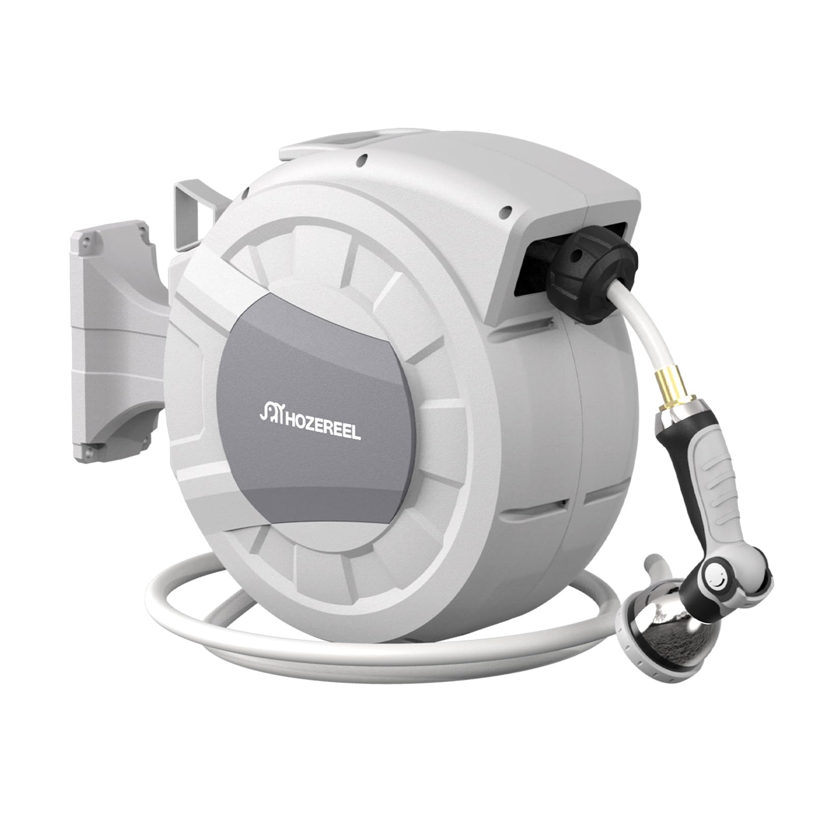 HOZEREEL wall-mounted retractable hose reel in grey saves space and boosts yard organization.