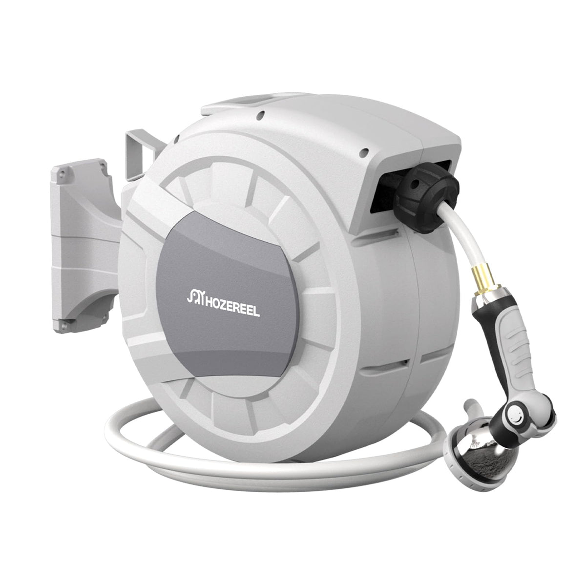 HOZEREEL wall-mounted retractable hose reel in grey saves space and boosts yard organization.