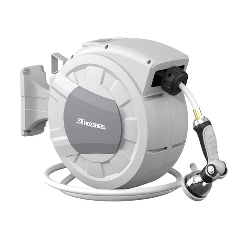 HOZEREEL wall-mounted retractable hose reel in grey saves space and boosts yard organization.