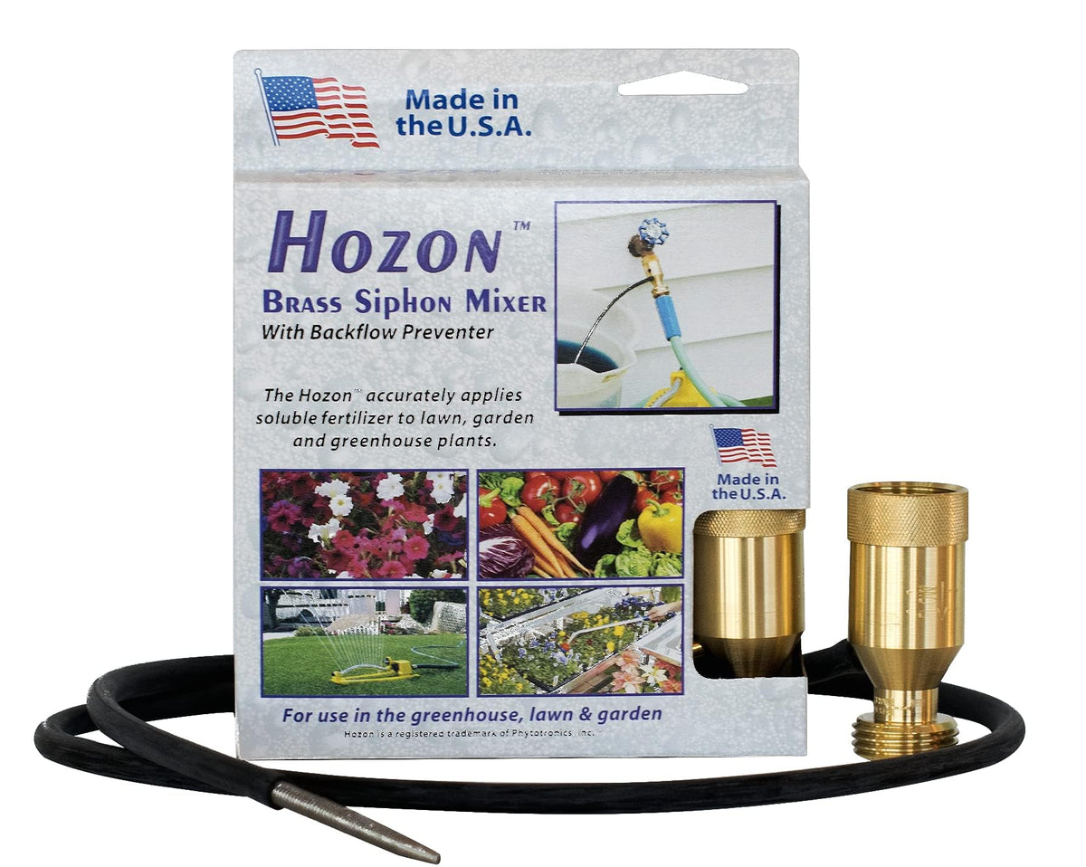 Hozon Injector Brass Siphon Mixer attached to a hose, delivering 1:16 fertilizer dilution for garden care