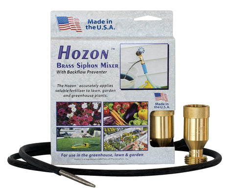 Hozon Injector Brass Siphon Mixer attached to a hose, delivering 1:16 fertilizer dilution for garden care