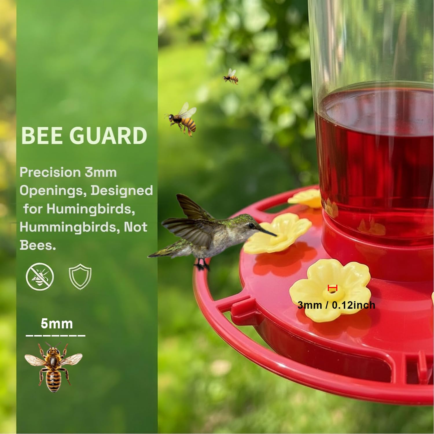Bee-proof ports prevent bee access while hummingbirds feed