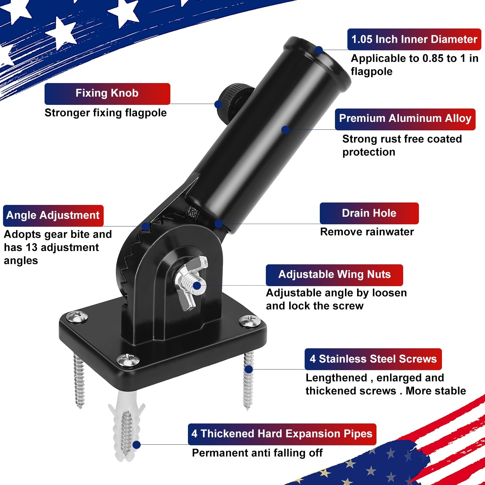 HPGOED adjustable flag pole holder showing 13 angles for optimal visibility.