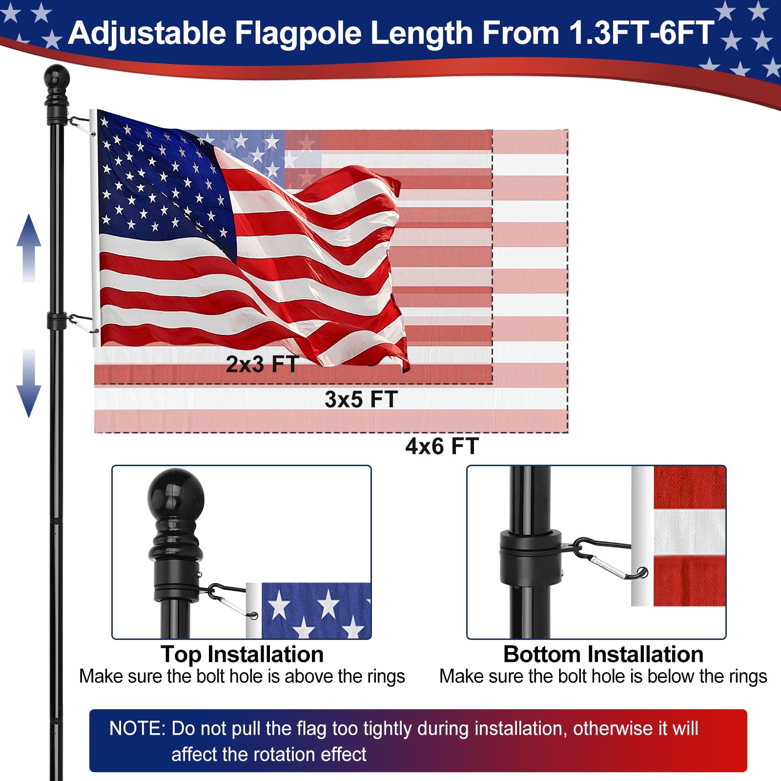 Aluminum rings rotate 360 degrees to prevent flag tangling.