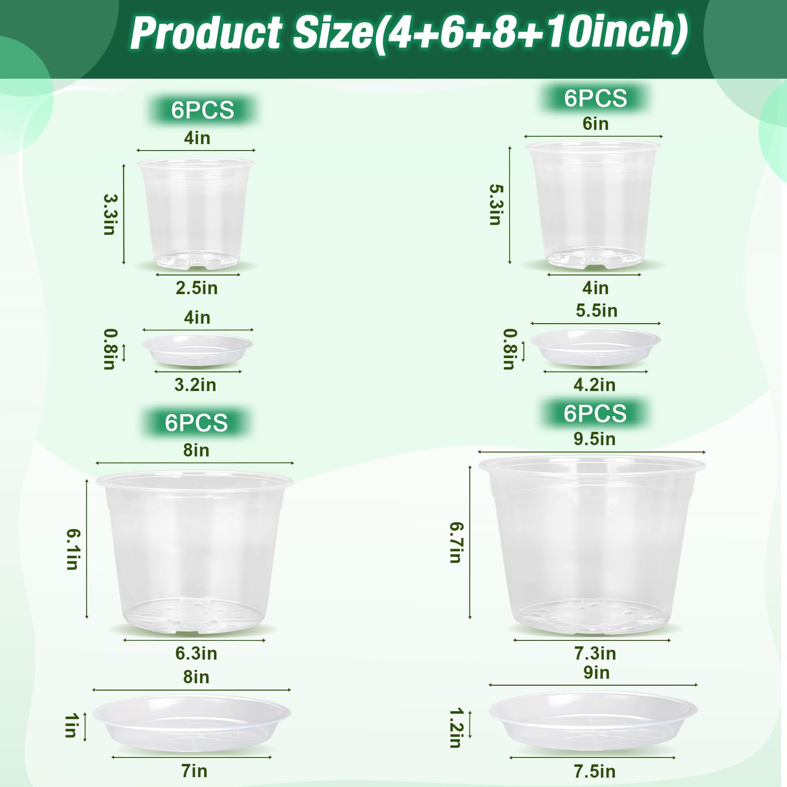 HQAUT clear nursery pot 6-inch with saucer for spill-free watering