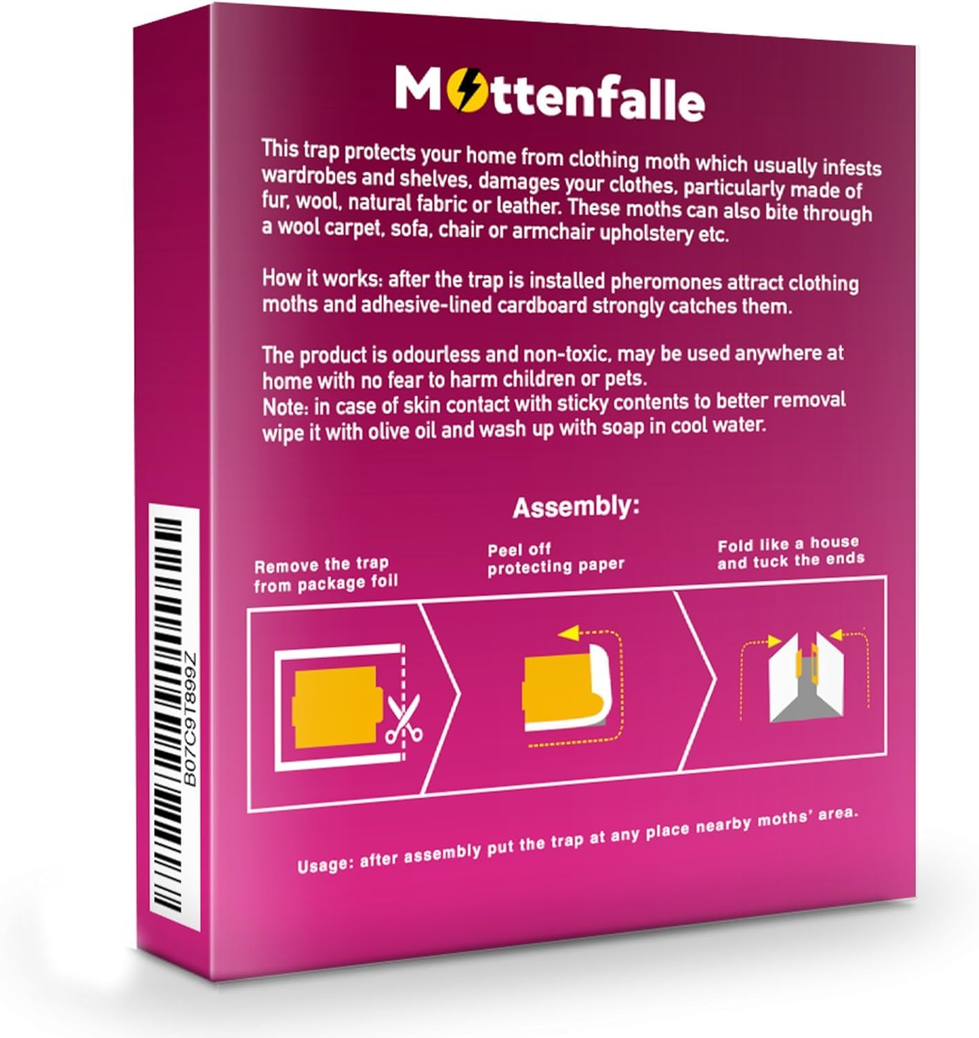 HQBLC Mottenfalle table-top display shows discreet moth protection in living areas.