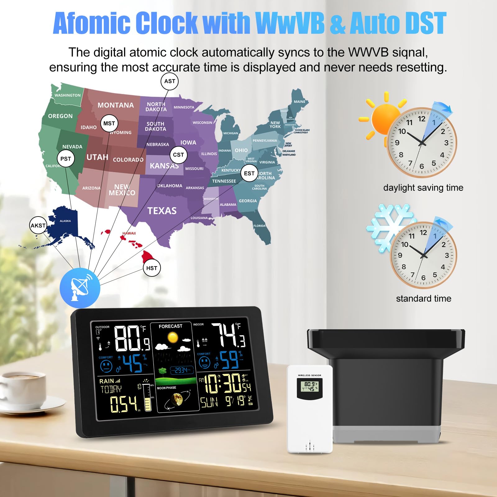 HQcontL WWVB atomic clock ensures accurate time and DST with automatic updates.