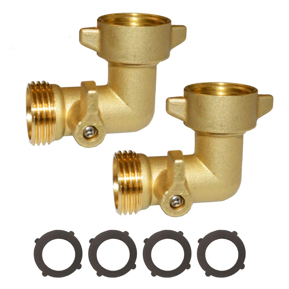 HQMPC 90-degree garden hose elbow with shut-off valve for easier watering control.