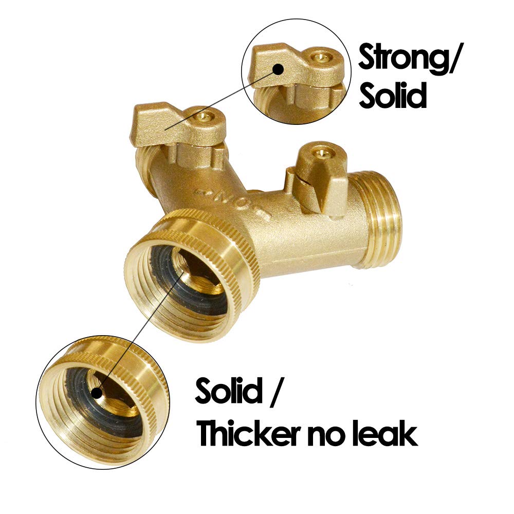 HQMPC brass hose splitter with two outlets enables simultaneous watering tasks.