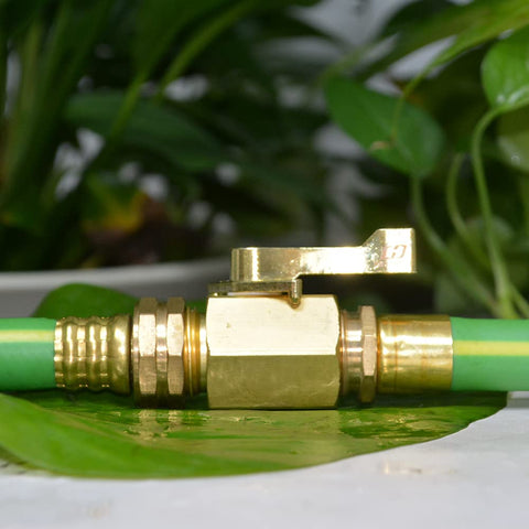 HQMPC brass shut-off valve close-up with quality assurance label.