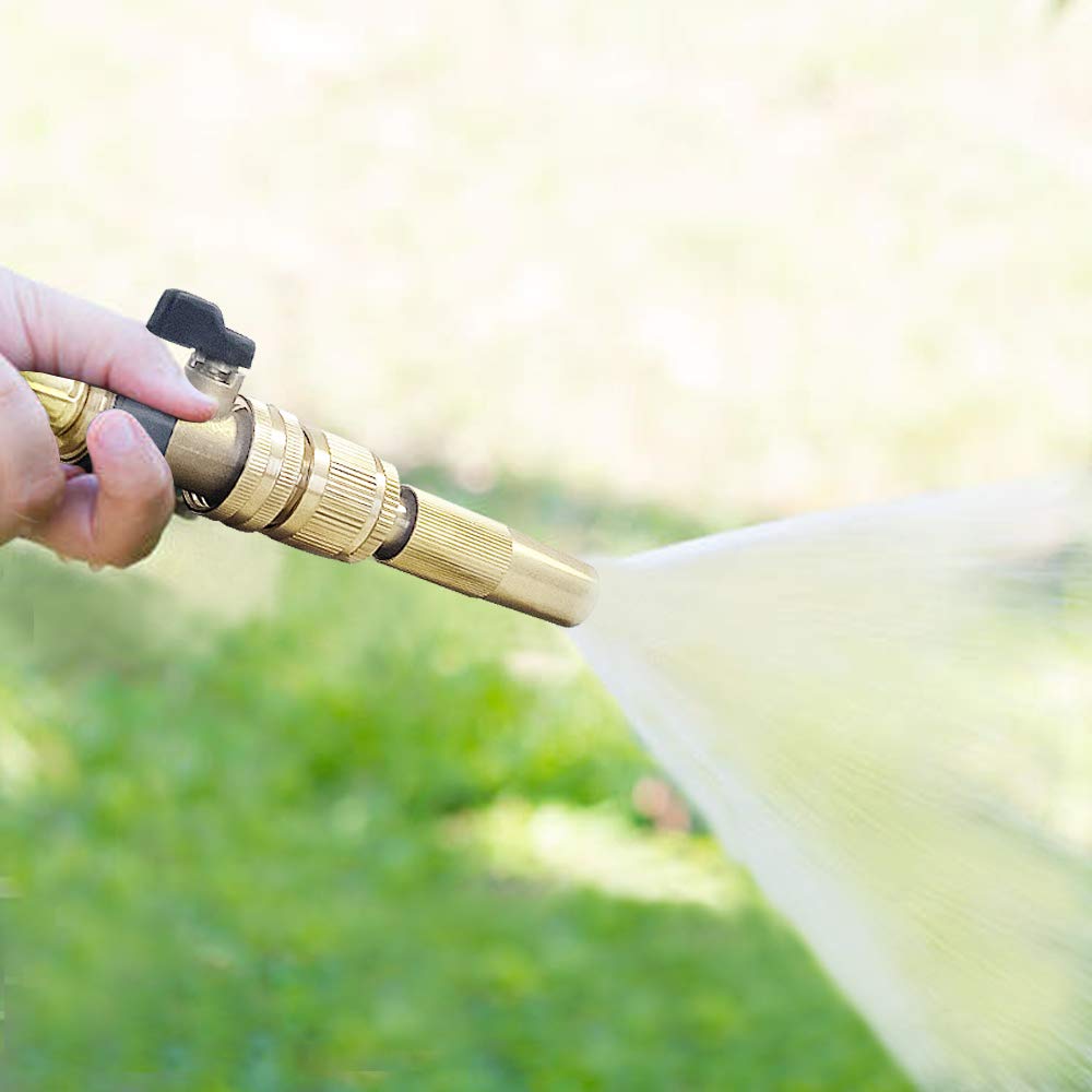 HQMPC brass valve attached to hose ideal for watering and cleaning tasks.