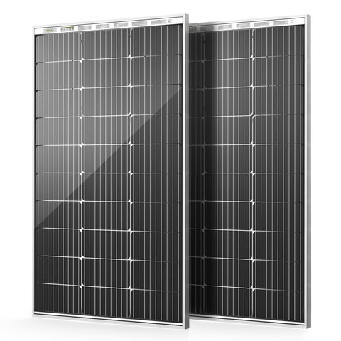 HQST 100W panel front view showing compact, lightweight solar power for boats and RVs.