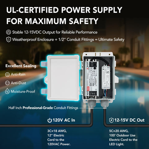 HQUA PN01DC SELV safety conversion from 120V to 12V DC for pool use.