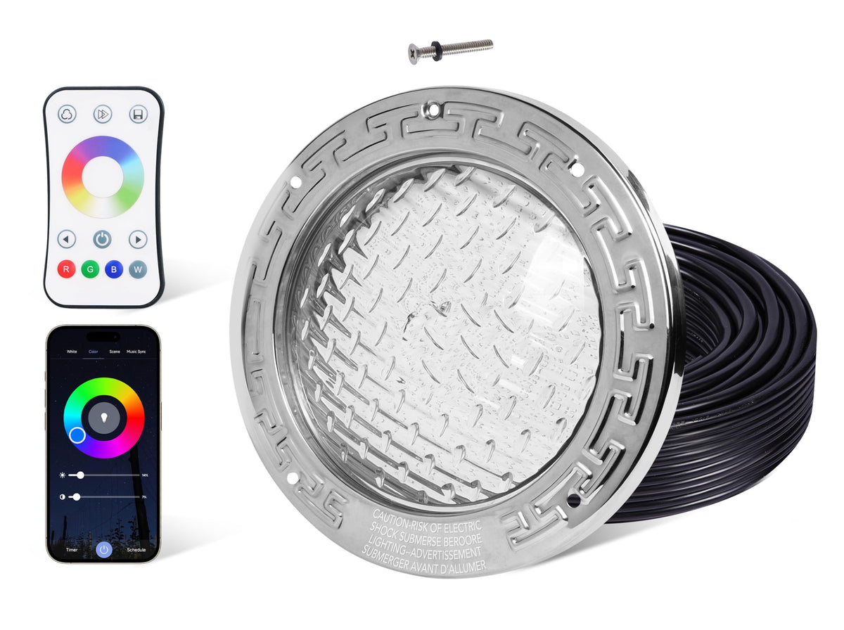 HQUA PN01DC RGBW pool light installed in a wet niche for vivid underwater color.