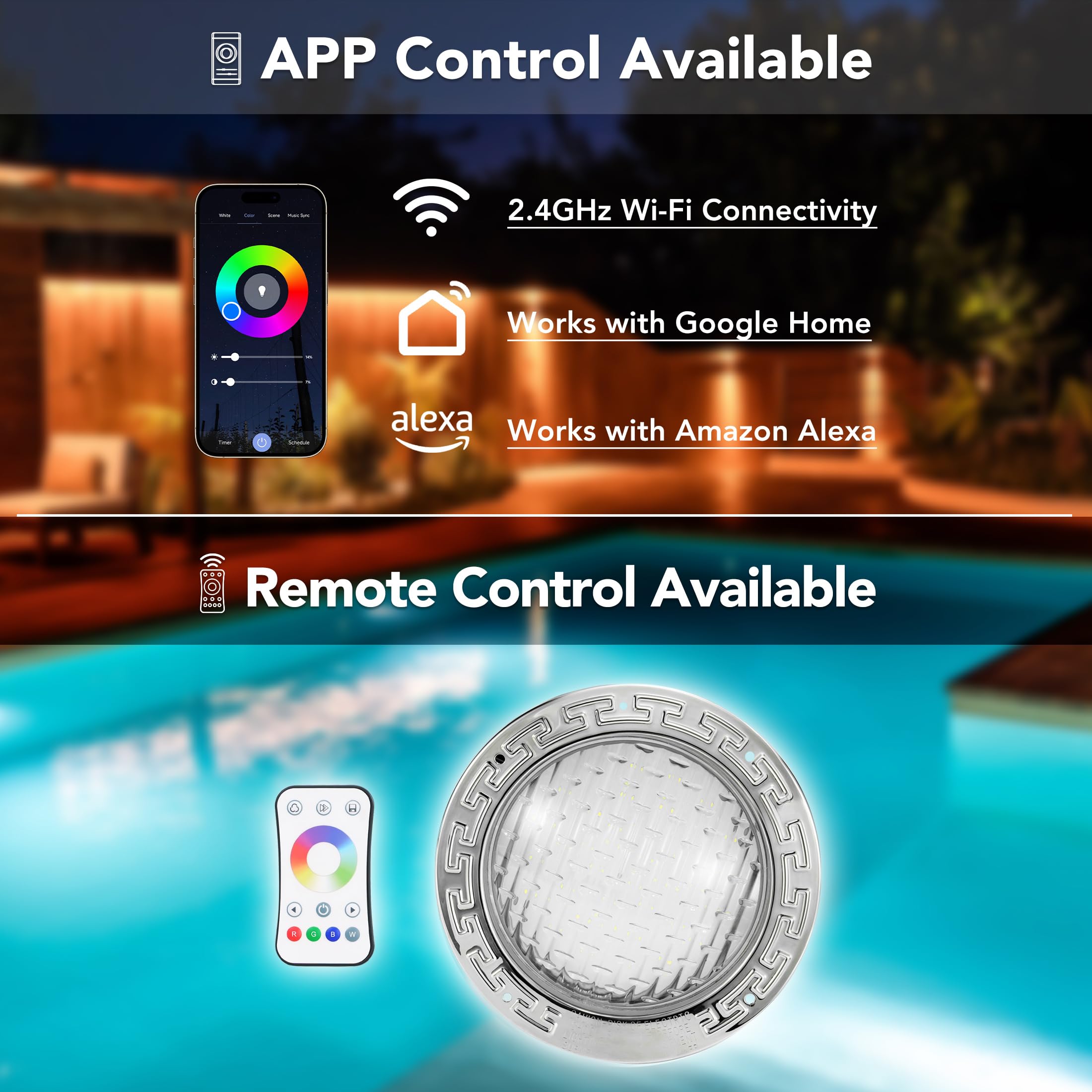 HQUA PN01DC with remote control showing easy lighting adjustments around the pool.