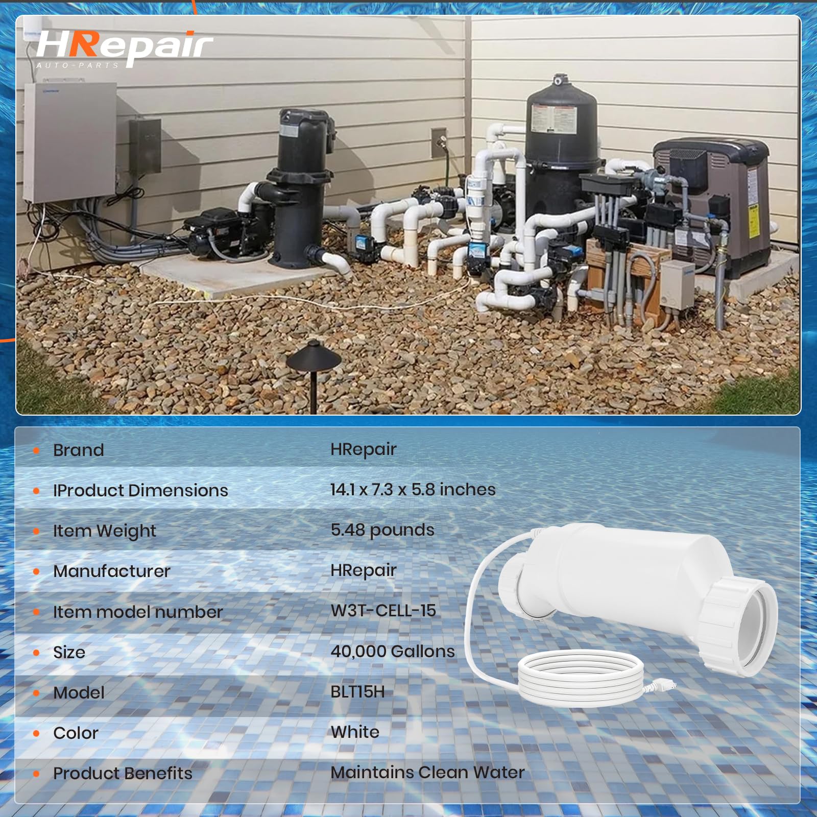 HRepair T15 salt cell designed for pools up to 40,000 gallons.
