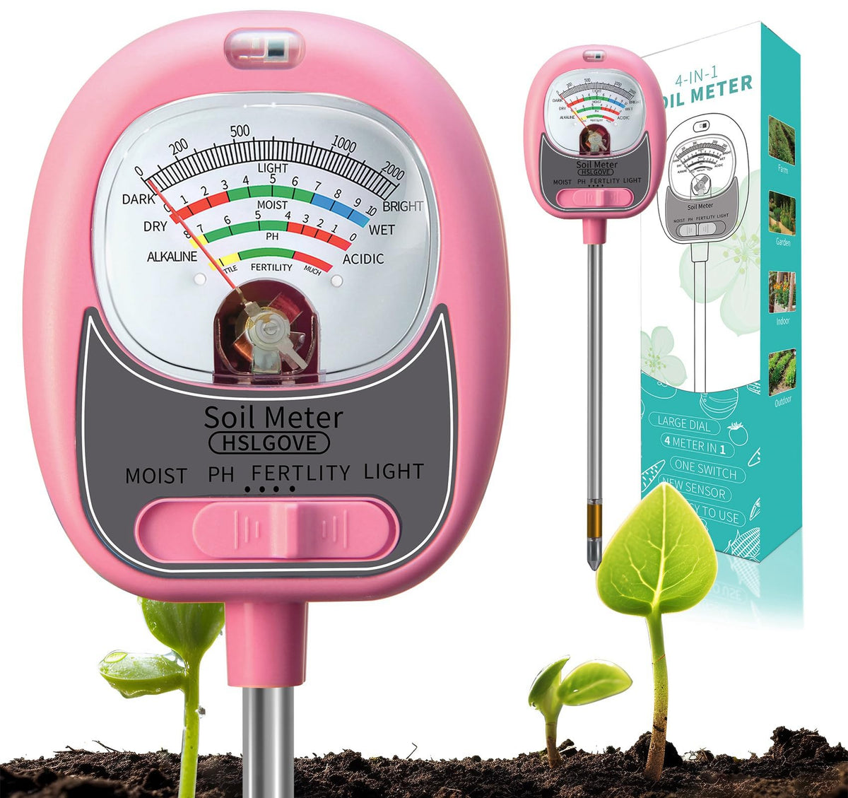 HSLGOVE 4-in-1 soil tester dial showing quick, clear readings for gardening.