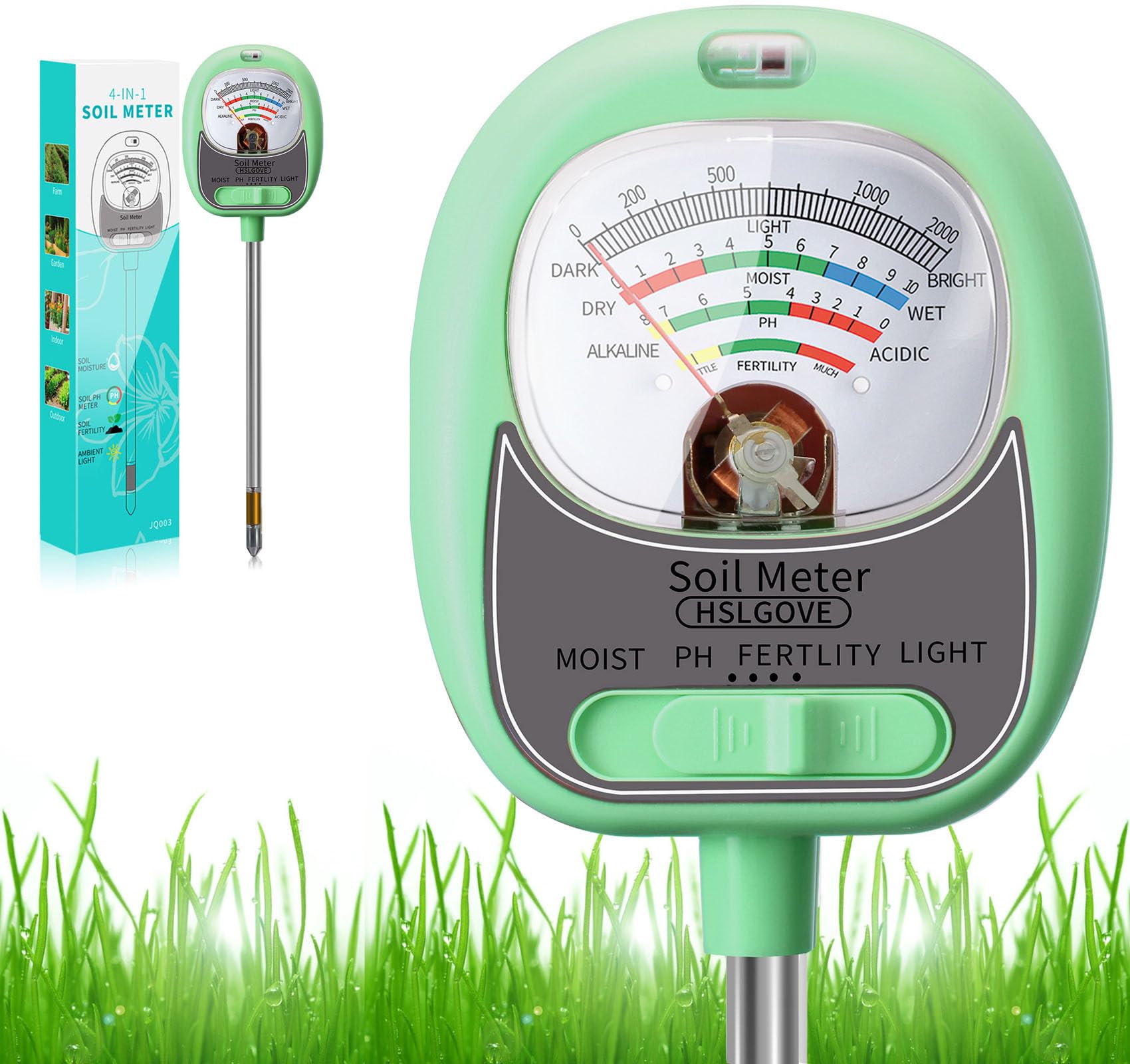 HSLGOVE 4-in-1 soil test kit dial close-up for precise readings.