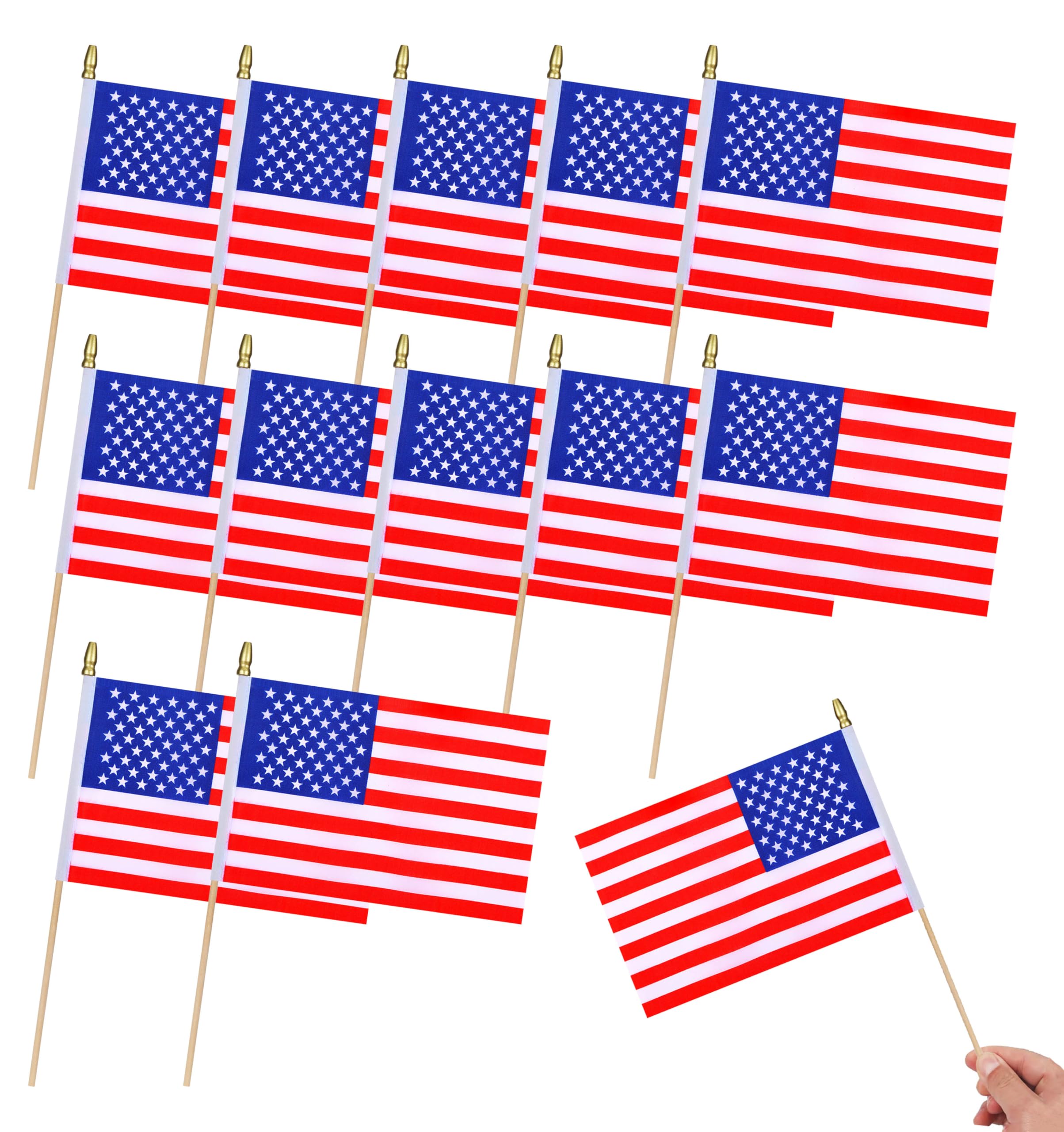 HSQCEZ 12pcs small American flags on wooden sticks for durable event displays.