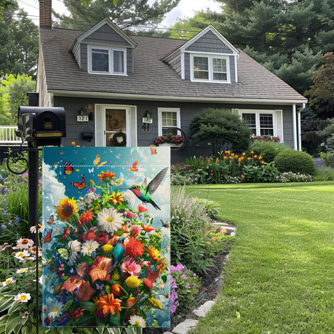 HSrvivi birds, butterflies, and flowers design adds color to porch.