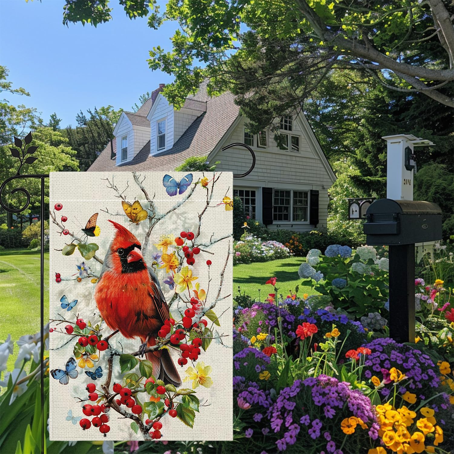 Hsrvivi Cardinal bird floral flag brightens porches and patios.