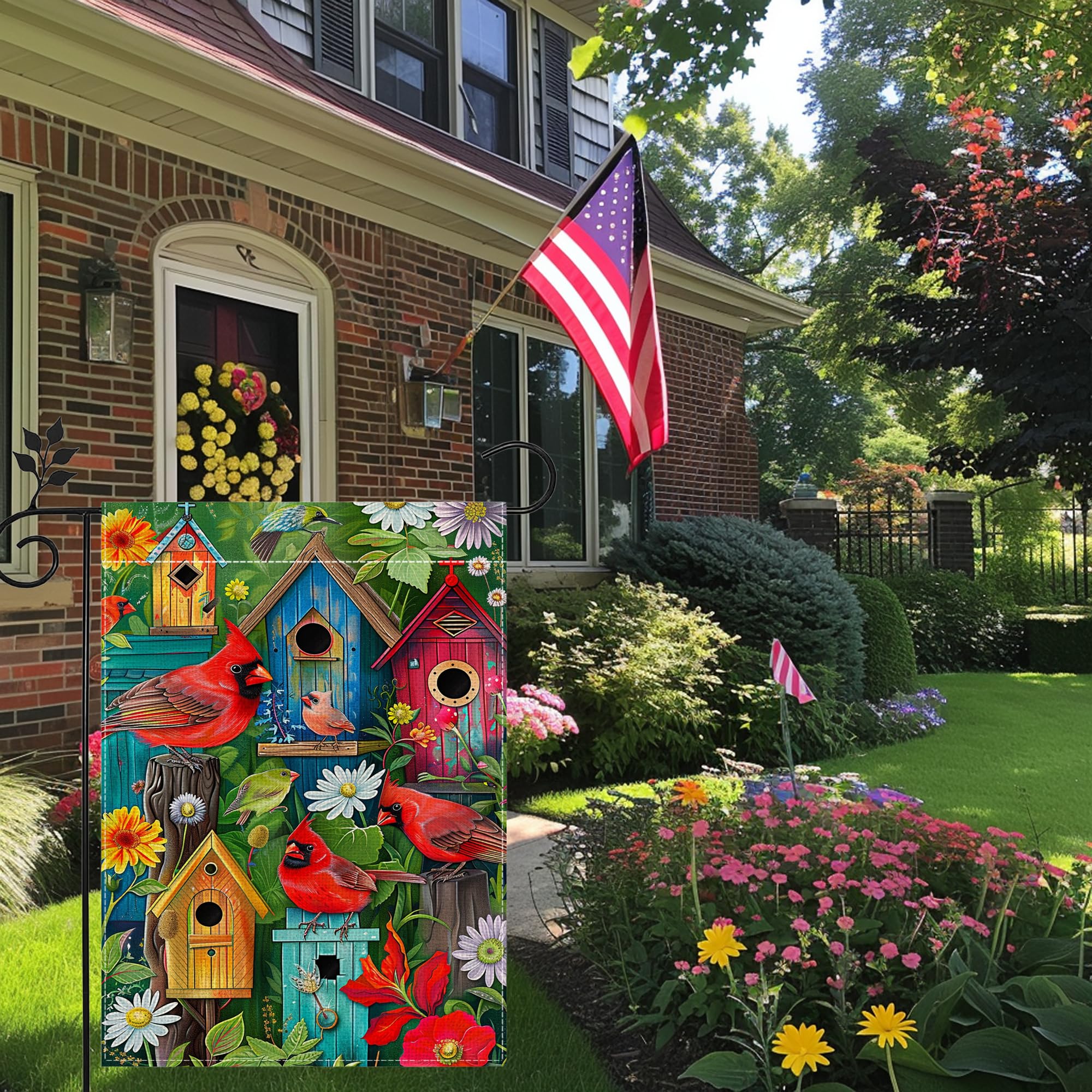 hsrvivi cardinal birdhouse flag highlights yard focal point