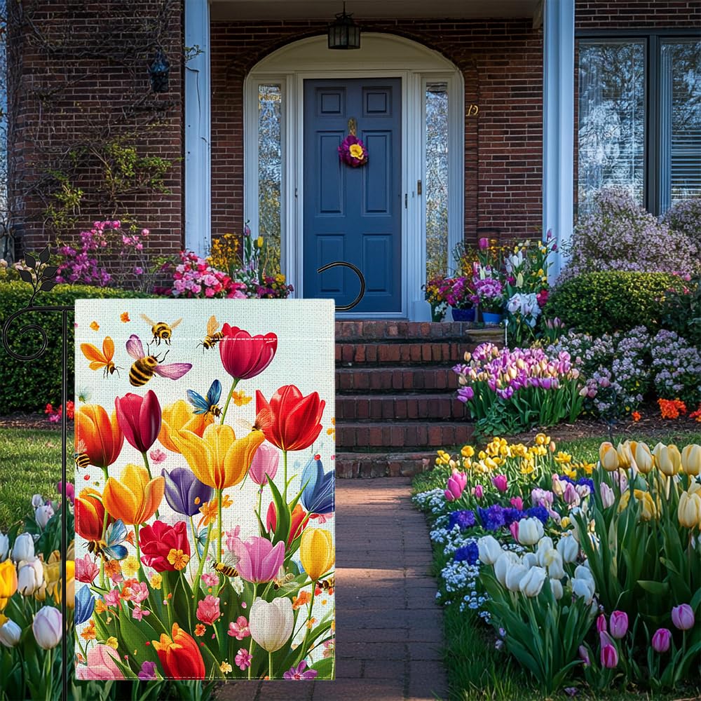Hsrvivi color tulips bees flag adds garden charm and vitality.