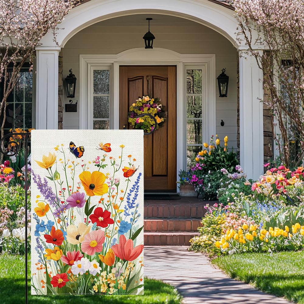 Hsrvivi colorful wildflowers welcome flag close-up for cheerful backyard ambiance.