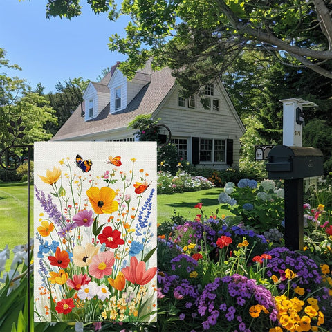 Hsrvivi floral flag on a standard pole enhances outdoor spaces.