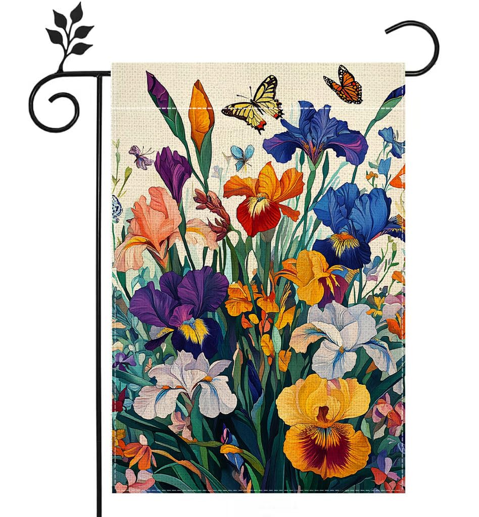 Hsrvivi Spring Irises Garden Flag front view welcoming guests with color