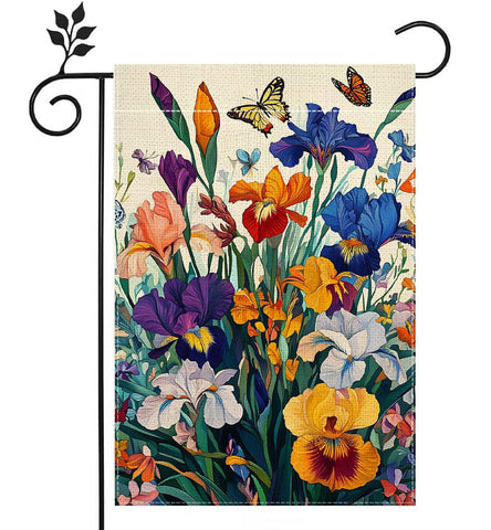 Hsrvivi Spring Irises Garden Flag front view welcoming guests with color