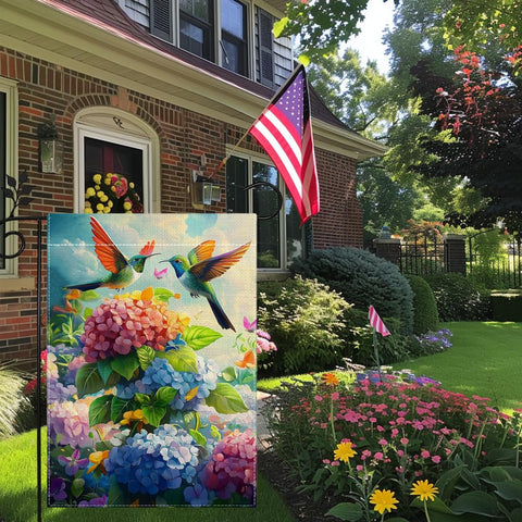 Hsrvivi yard decor flag welcoming guests with colorful hydrangeas and hummingbirds