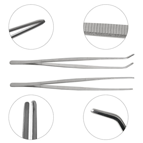 HSTECH tweezers with serrated tips secure foods during roasting and garnish work.