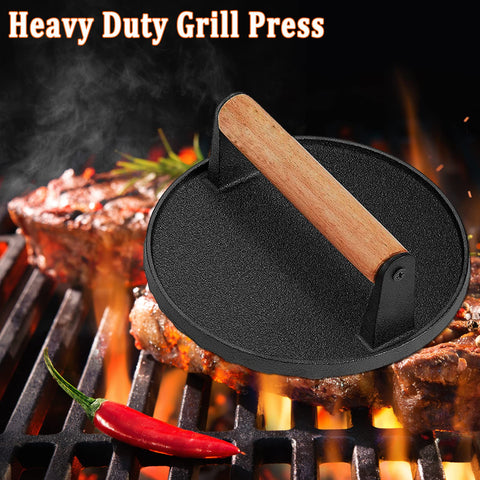 HSUJCYF burger press with upgraded wooden handle for safe grip.