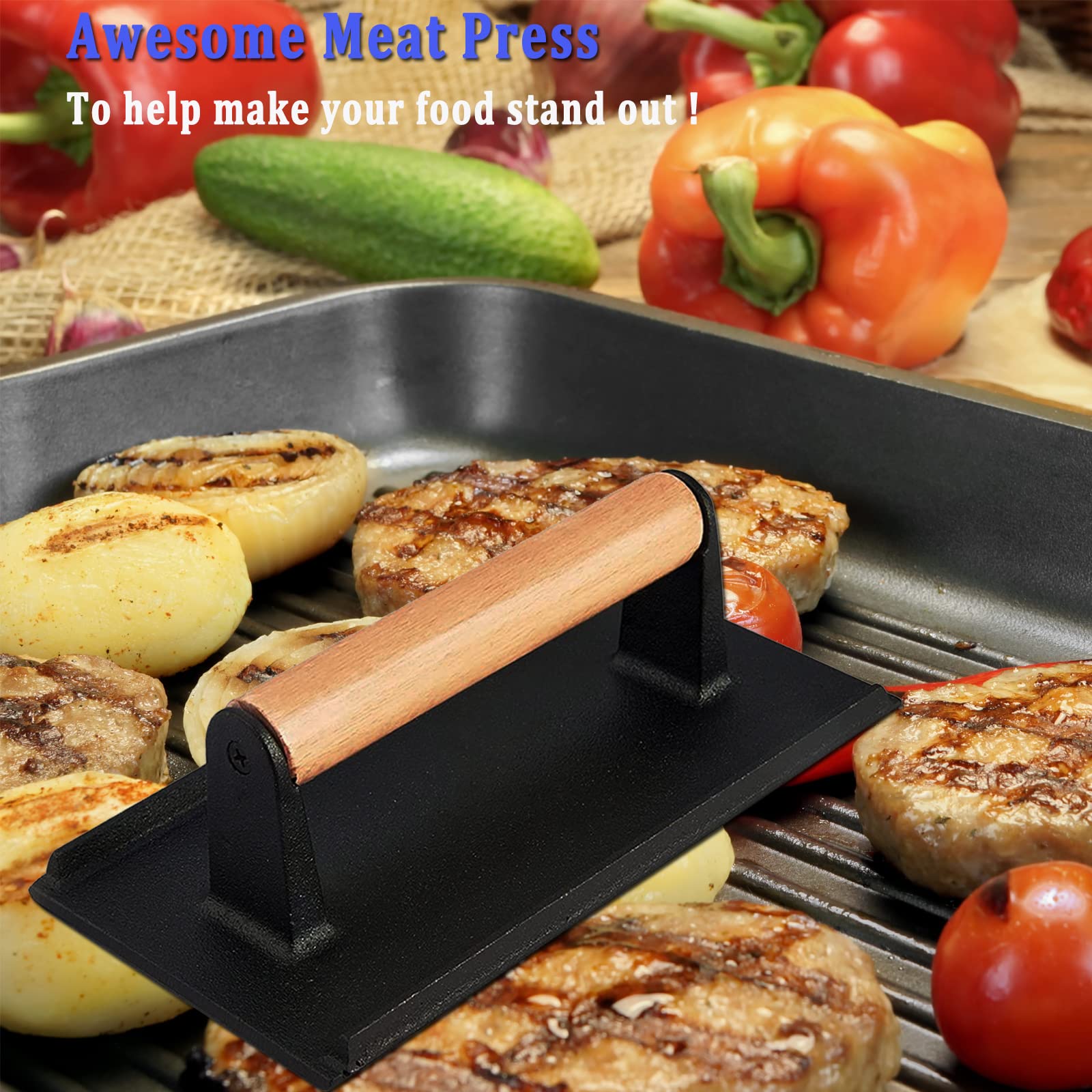 HSUJCYF grill press on a hot pan reduces splatter and speeds cooking.