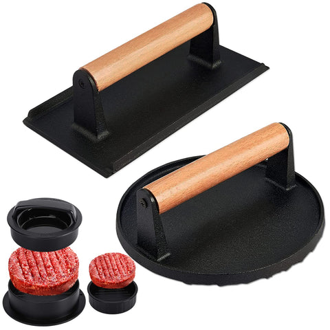 HSUJCYF round burger press for even sear on the griddle.
