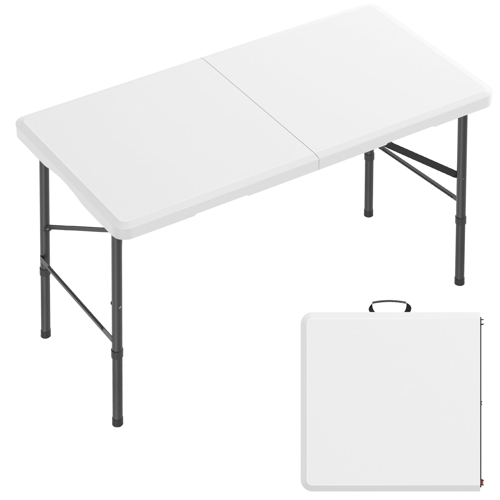 Hsundries 4 ft plastic folding table close-up shows sturdy surface for outdoor meals.