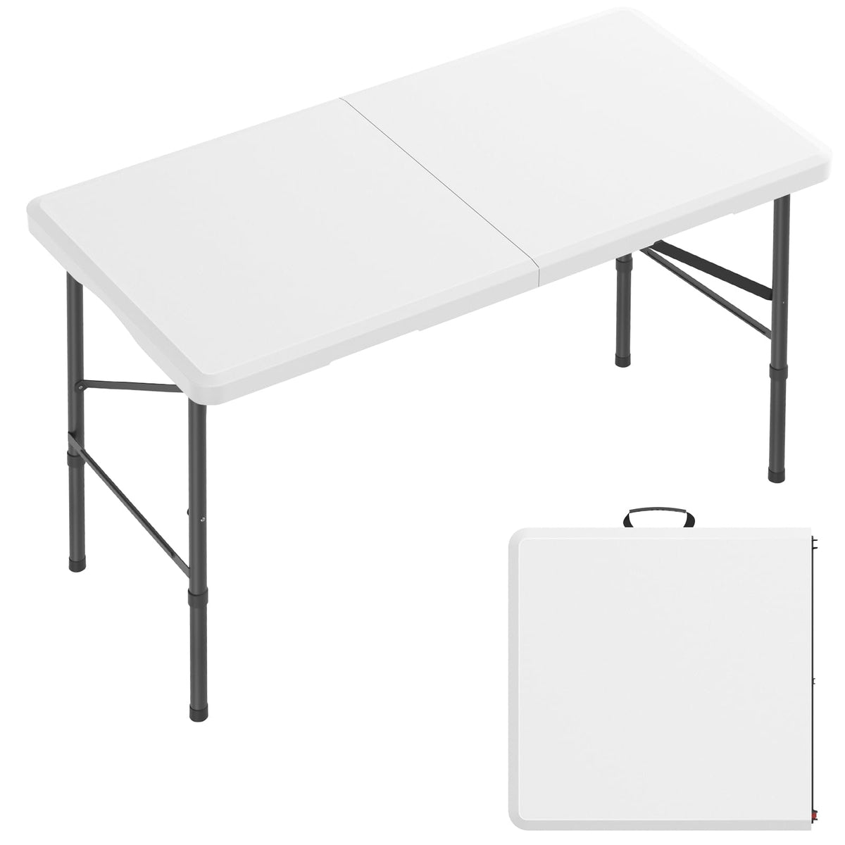 Hsundries 4 ft plastic folding table close-up shows sturdy surface for outdoor meals.
