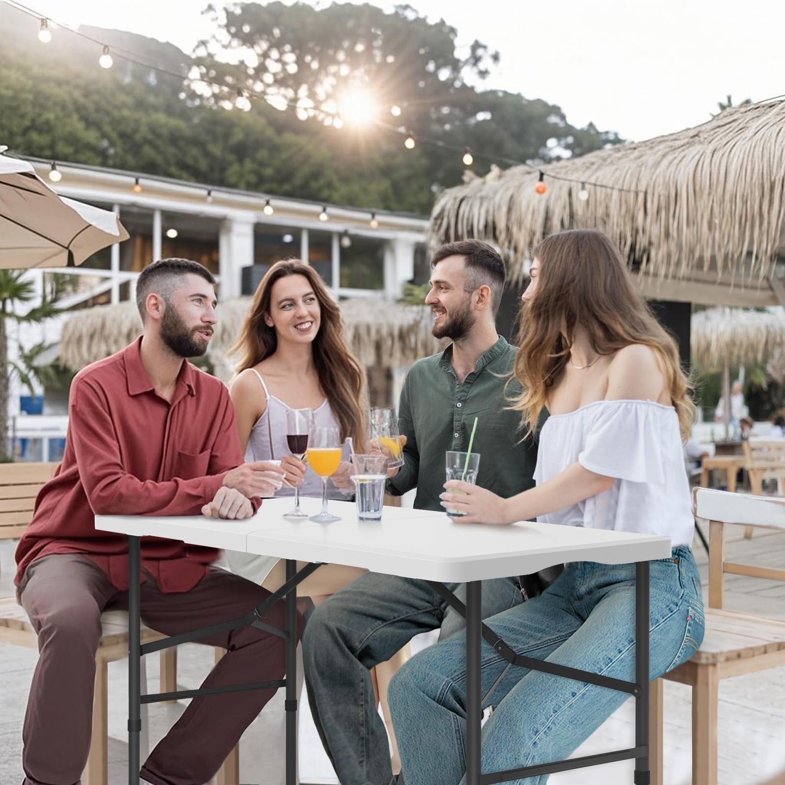 Hsundries folding table for outdoor use demonstrating portability.