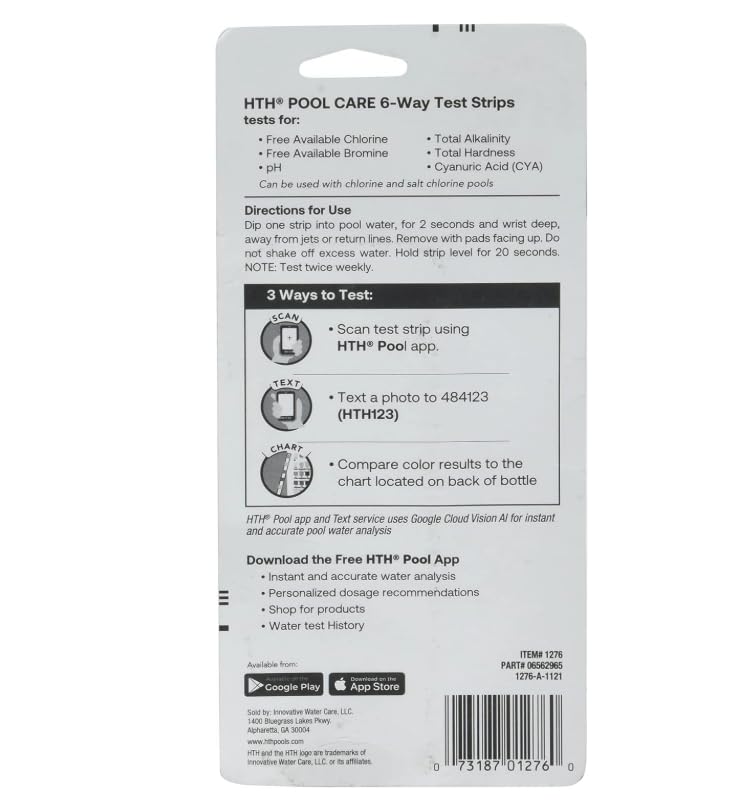 HTH 1279R test-strip close-up for precise readings and easy weekly pool balancing