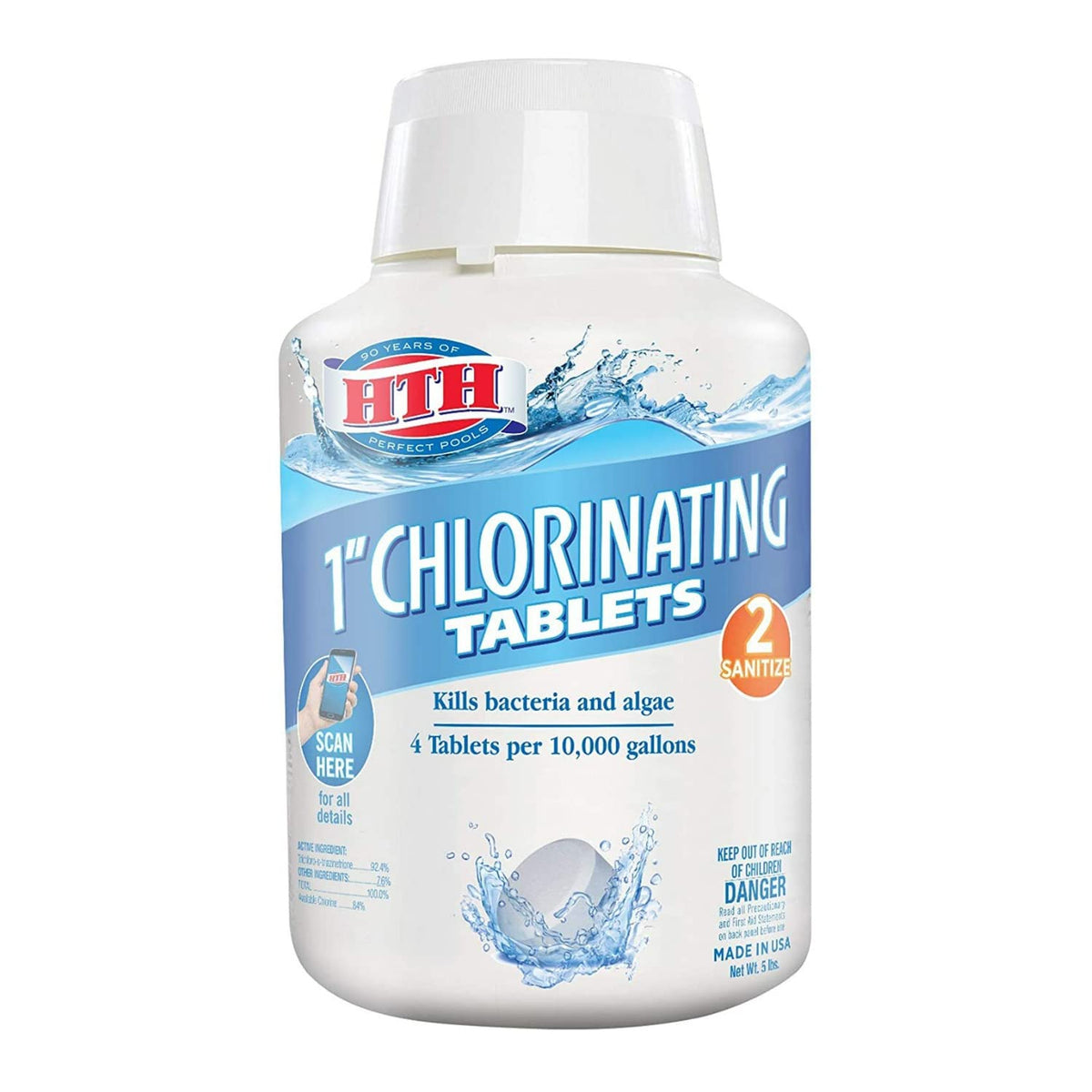 HTH 42031 chlorinating tablets in pool pail for week long sanitization