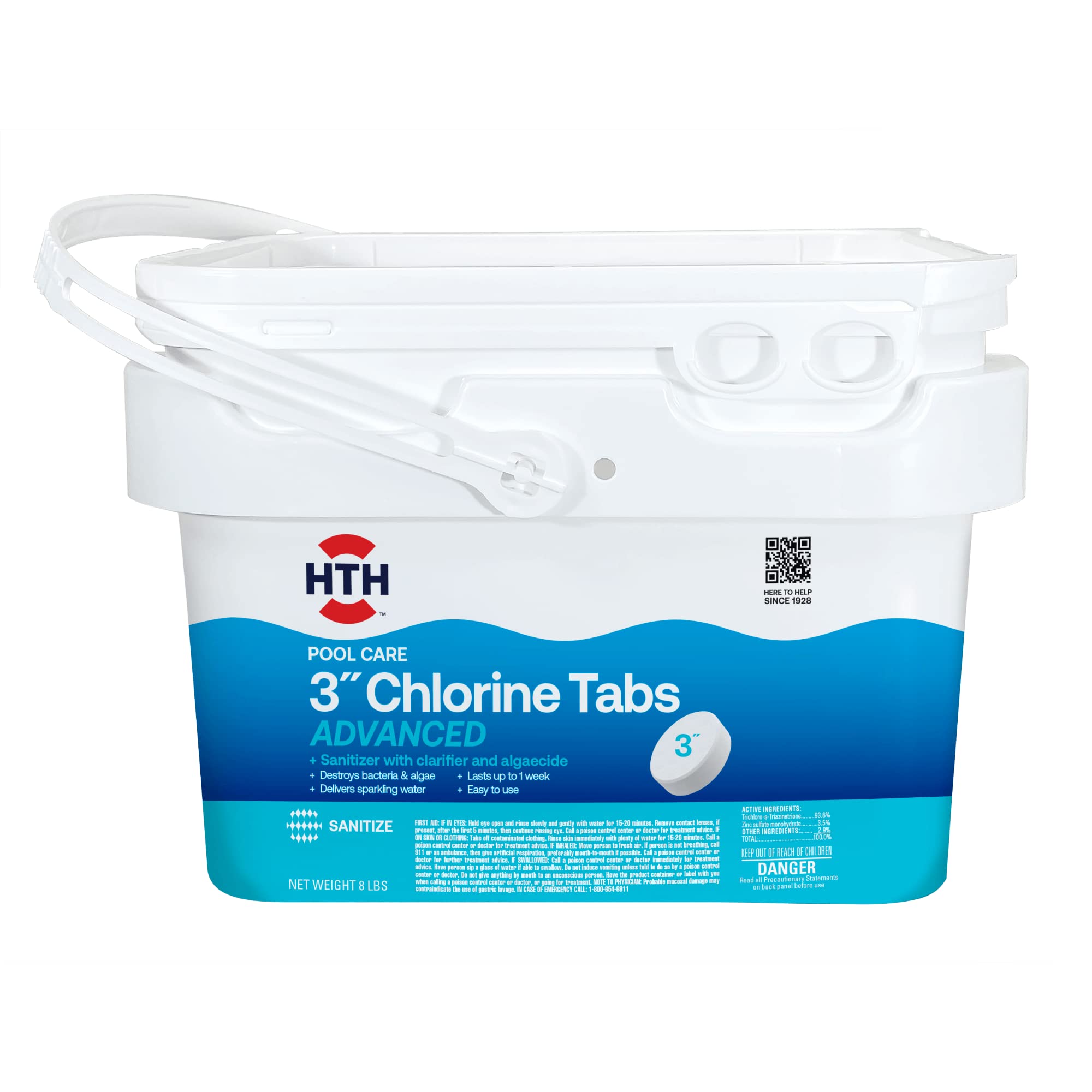 HTH 3-inch chlorine tabs 8 lb bag for pool sanitation and clarity.